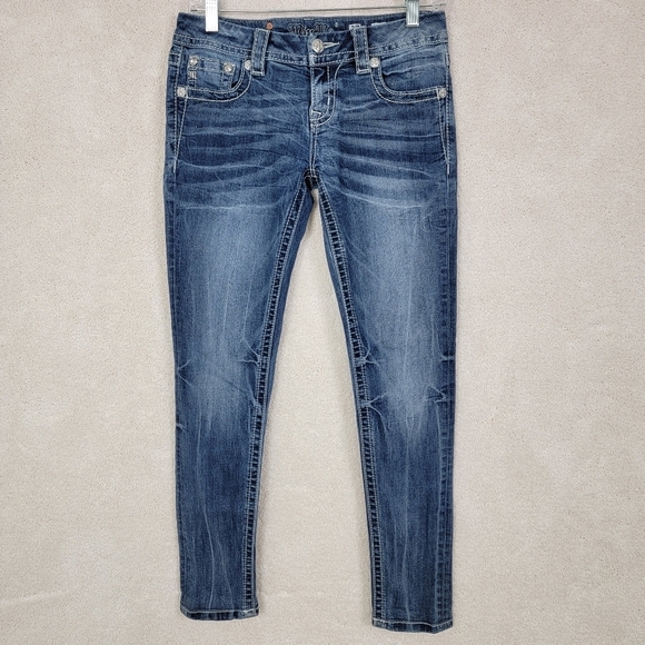 Miss Me Signature Skinny Bling Distressed Pockets Low Rise Denim Blue Jean Sz 27 - Picture 2 of 15